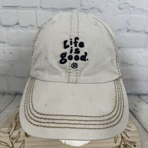 Life is Good Script Spellout Hat Strapback Cap Beige Blue Thick Stitched Outdoor